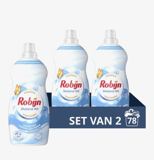 Robijn Klein & Krachtig Classics
Vloeibaar Wasmiddel - Stralend Wit -
Voordeelverpakking - 2 x 39 Wasbeurten